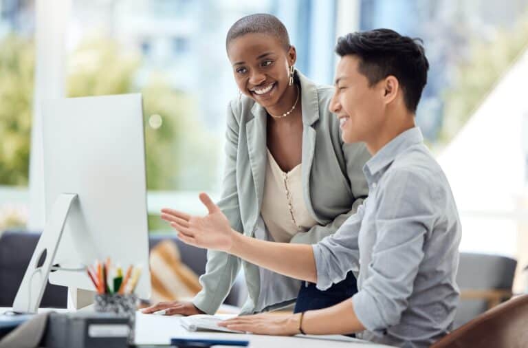 Asian businessman, black woman or computer help in digital marketing startup, advertising agency or